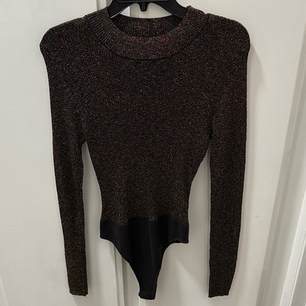 NEW Free People Black Sparkle Glittery Long Sleeve Bodysuit L - Picture 3 of 7